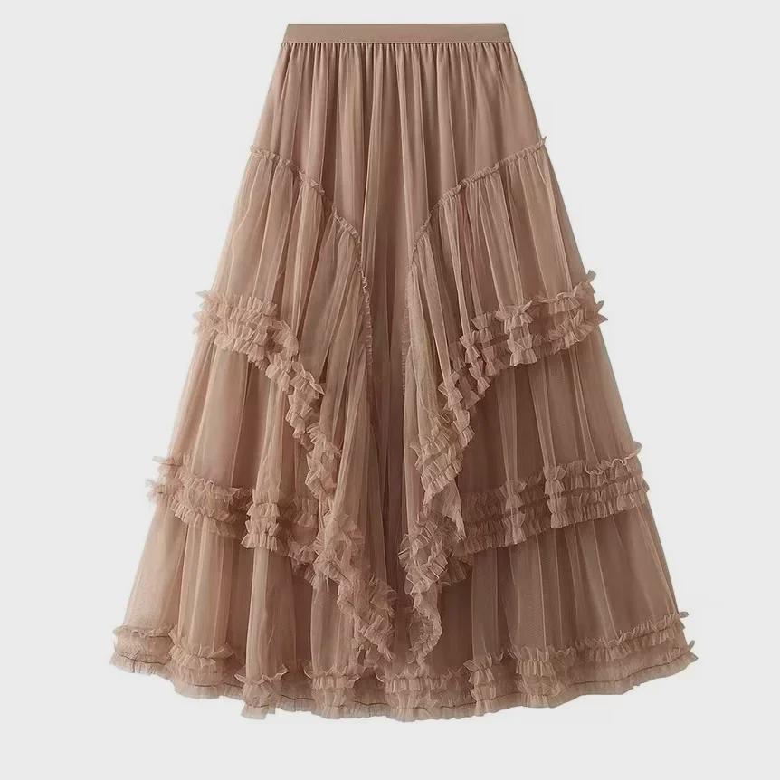 Elegant Multi-Layered Tulle Lace Midi Skirt