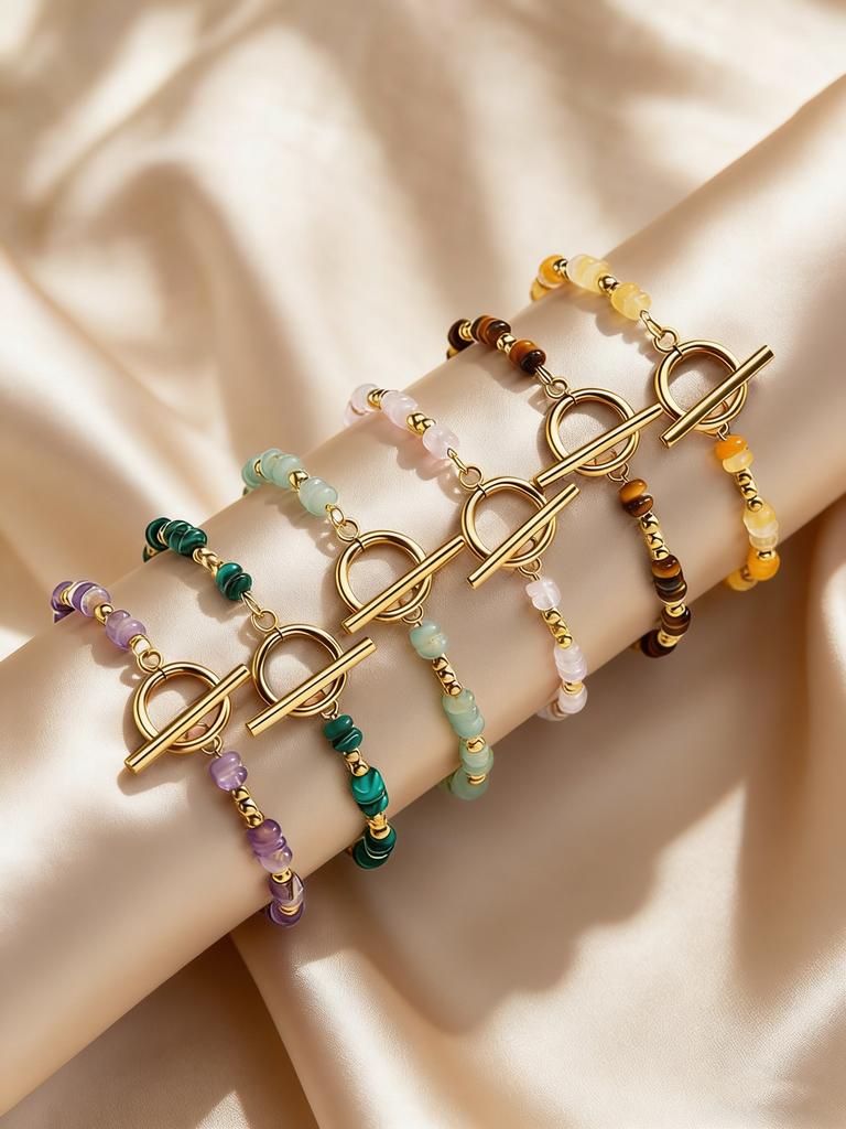 Dainty Boho Colorful Crystal Beads Bracelet for Women, Stainless Steel OT Buckle Natural Stone Bracelet, Exotic Handmade Jewelry