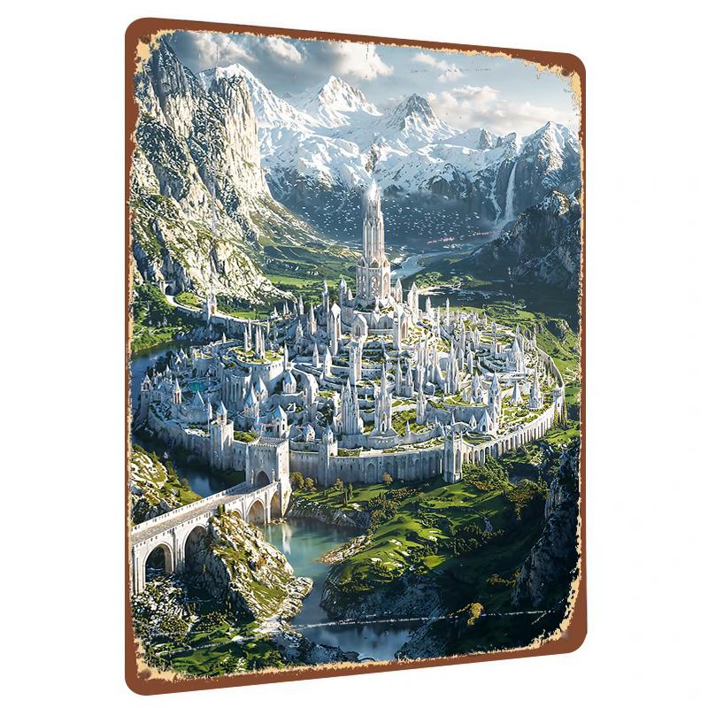 

Fantasy Mountain White Castle Metal Iron Painting Home Living Room Study Decorative Wall Art 20x30cm（7.8x11.8inch）