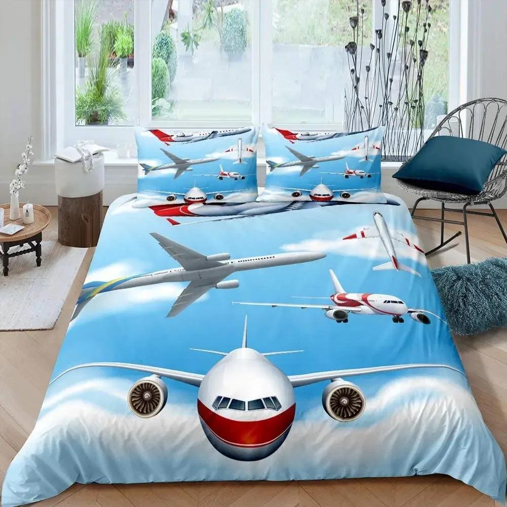 Airplane Duvet Cover Set Sky Cloud Polyester Comforter Cover For Kids Teens Adults Bedding Set King Queen Size With Pillowcase