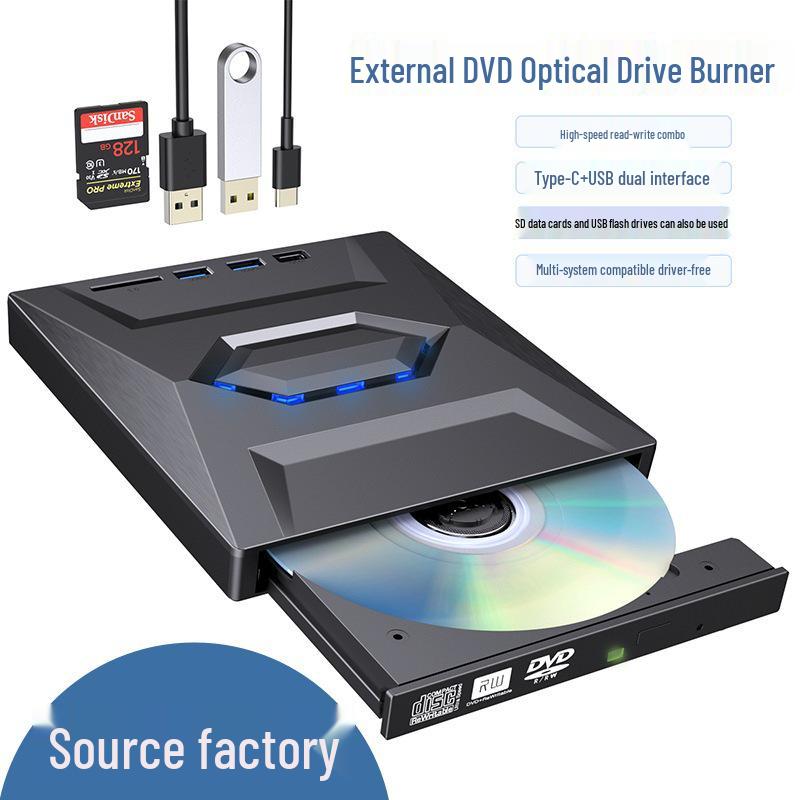 7-in-1 Multifunctional Card Reader & External DVD Burner with SD/TF Slots and USB/Type-C Interface