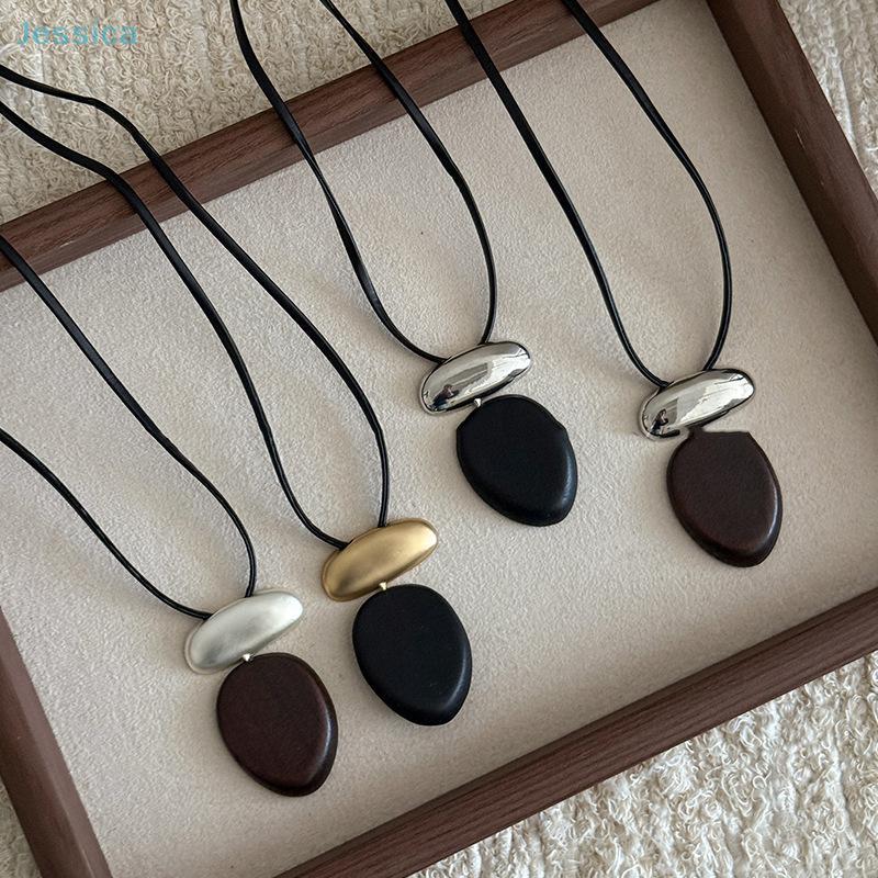 Wooden Oval Sandalwood Pendant Necklace Matte Metal Block Adjustable Leather Rope Sweater Chain