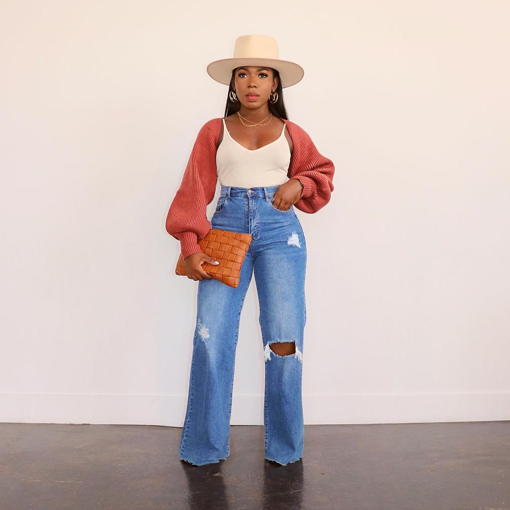 Spring and Autumn Women's Jeans Hole Breaking Wide Leg Pants Straight Trousers