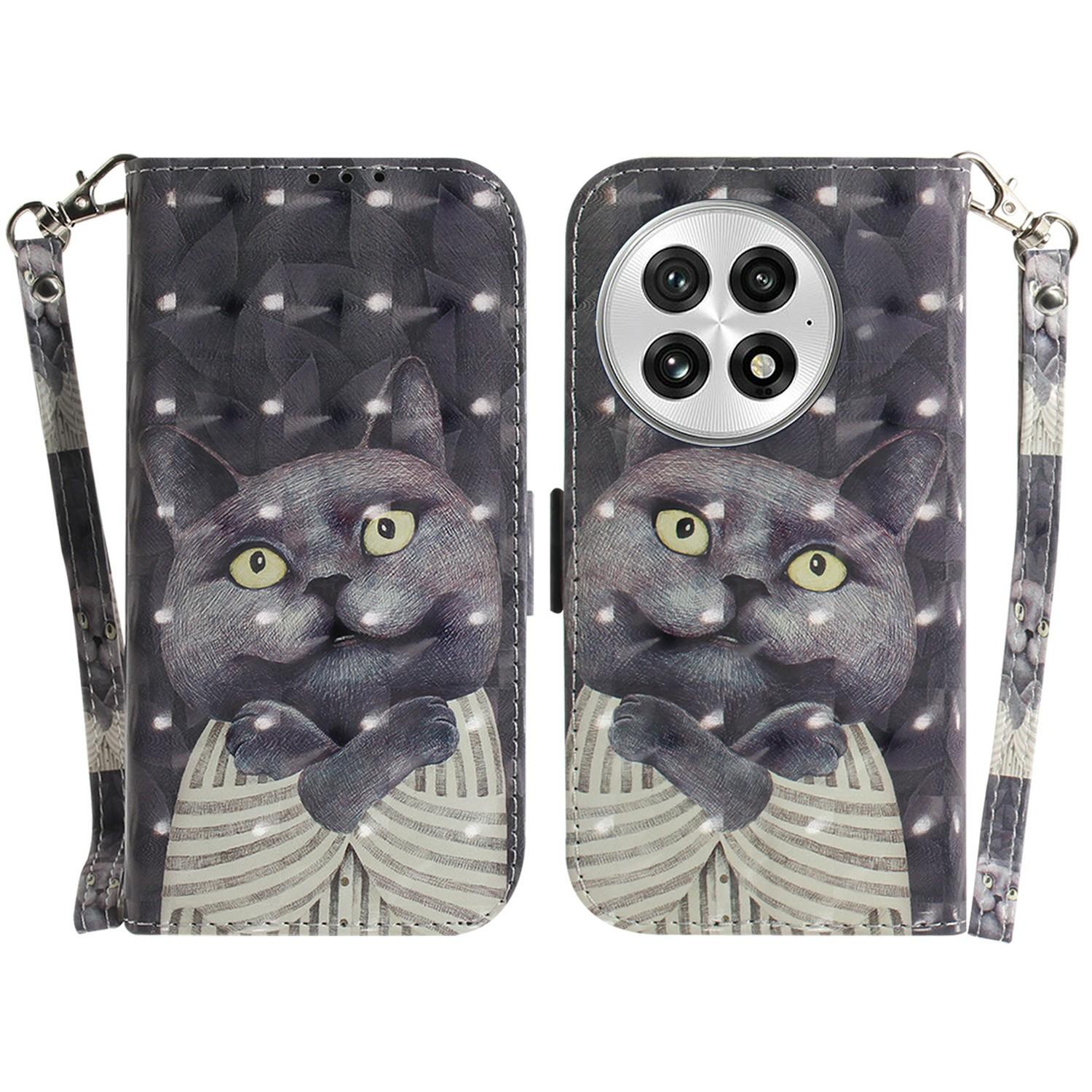

For OnePlus 13 Case Pattern Printing Leather Wallet Phone Cover with Wrist Strap Embracing Cat