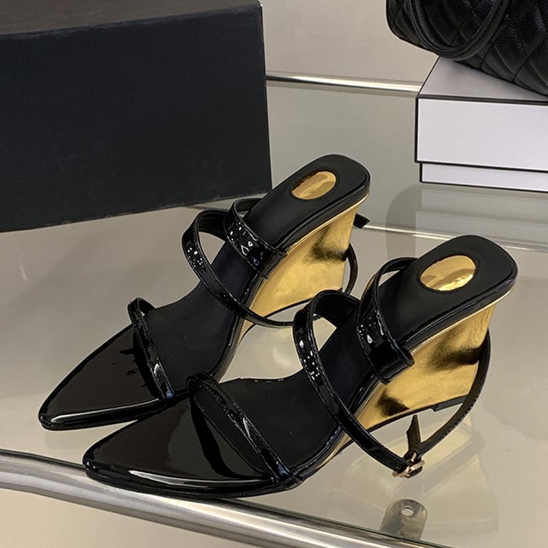 Summer Fashion Gold Wedges Sandals For Women 2026 New Design Pointed Open Toe Ankle Strap High Heels Party Dress Shoes