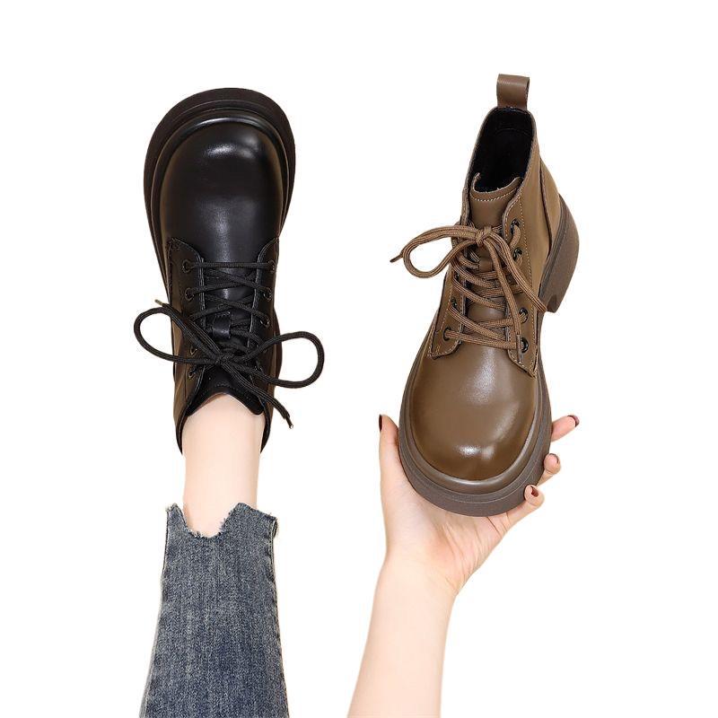 British-Style Women's Vintage Leather Lace-Up Martin Boots - Height-Increasing, Wide-Foot, Short French Design