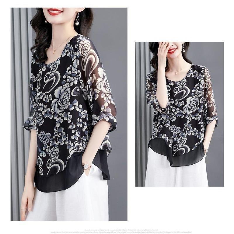 Plus Size Women Printed Chiffon Three Quarter Sleeve Fashionable Blouse
