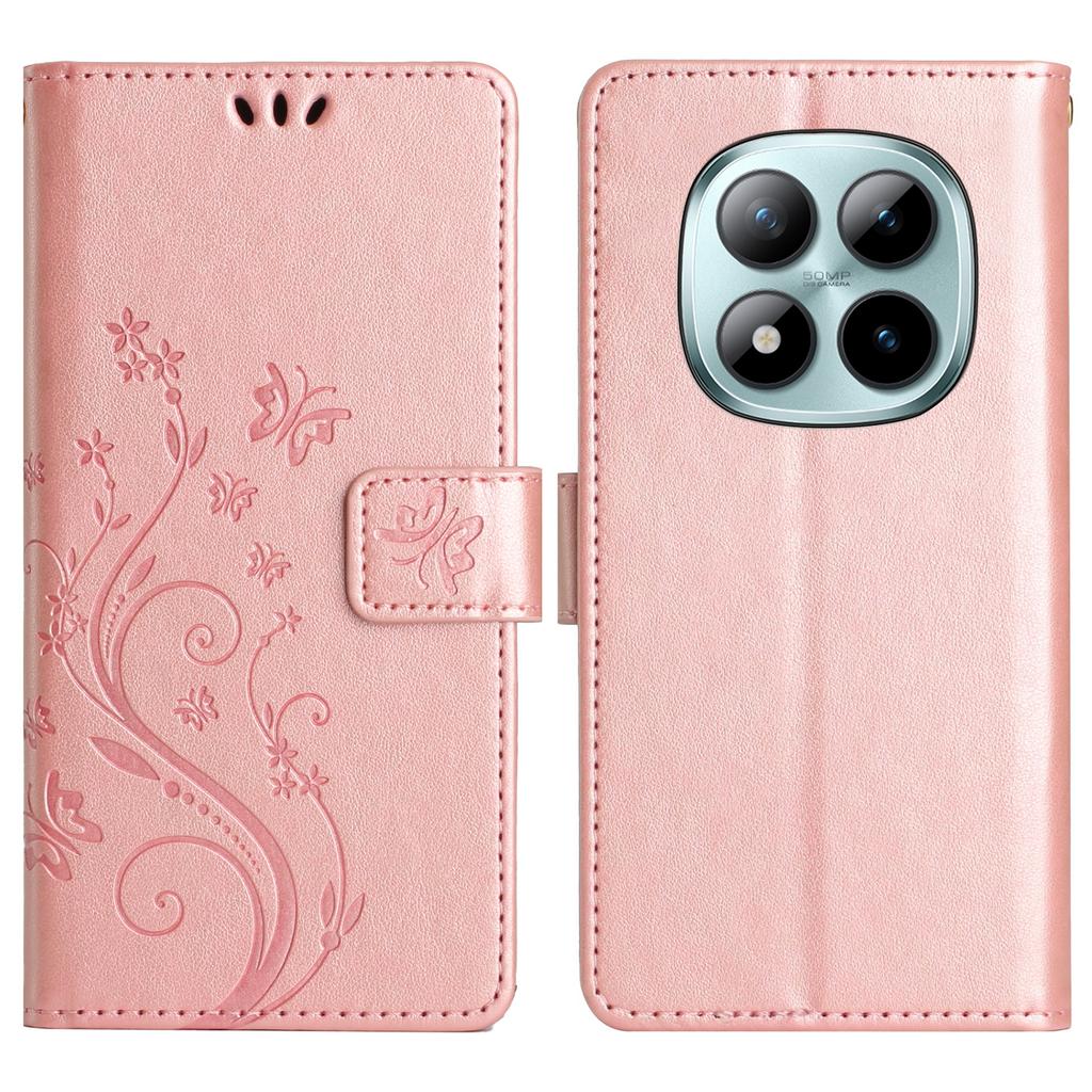 Pro Xiaomi Redmi Note 15 Pro 5G (Globální) Kožené pouzdro peněženka s potiskem motýlů a květin, kryt na telefon s popruhem