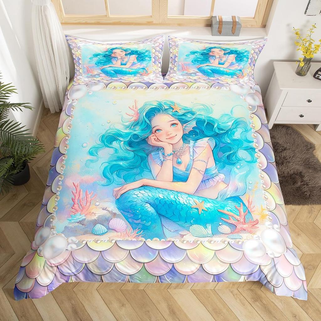 Mermaid Soft Duvet Cover Pink Teal Purple Scale Comfortable Quilt Cover Mermaid Beding Set Warm plus Comfortable Rainbow Beding Set for Young Girls