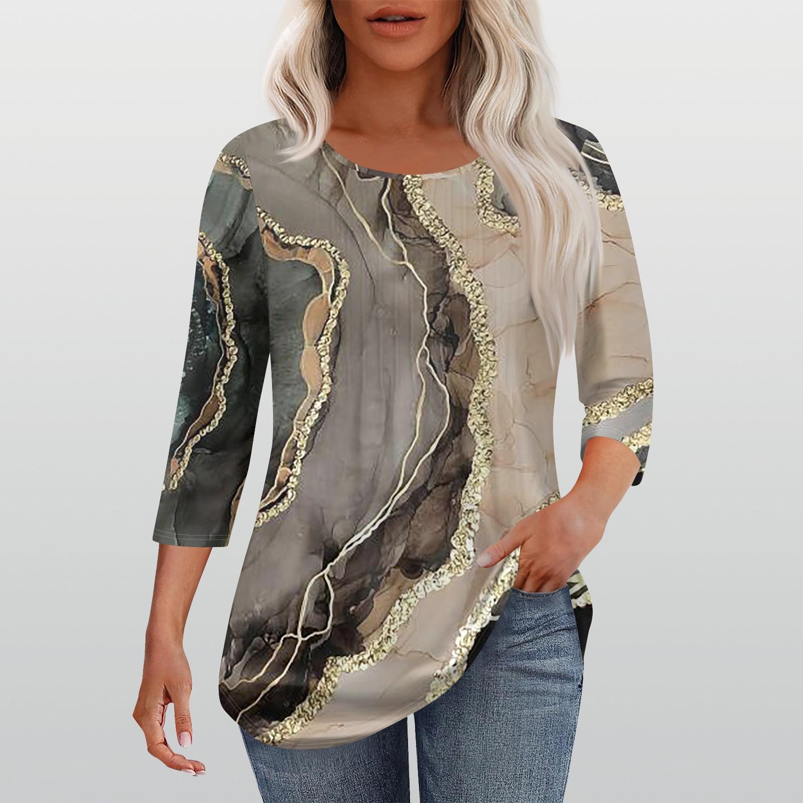 

Рубашки с длинным рукавом для женщин, модные повседневные футболки с круглым вырезом и принтом S светло-коричневого