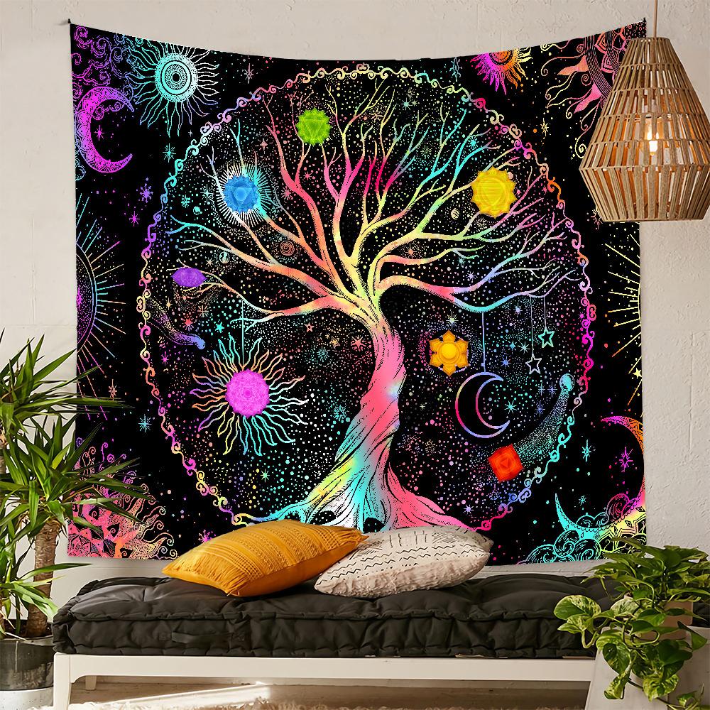 Mysterious Tree of Life Mushroom Forest Tapestry Wall Hanging Fairy Tale Bohemian Psychedelic Home Dormitory Dream Decor Sun