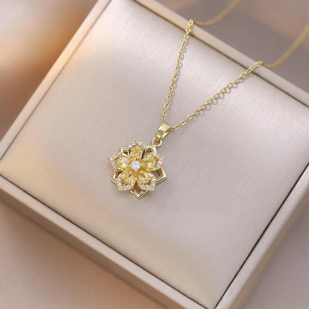 Purple Bauhinia Zirconia Flower 360° Rotatable Necklace for Women – European & American Style, New Five-Petal Design