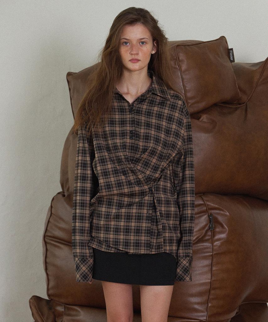 Hauseuobeupondeu Plaid Check Cross Button Shirt_Pink Black