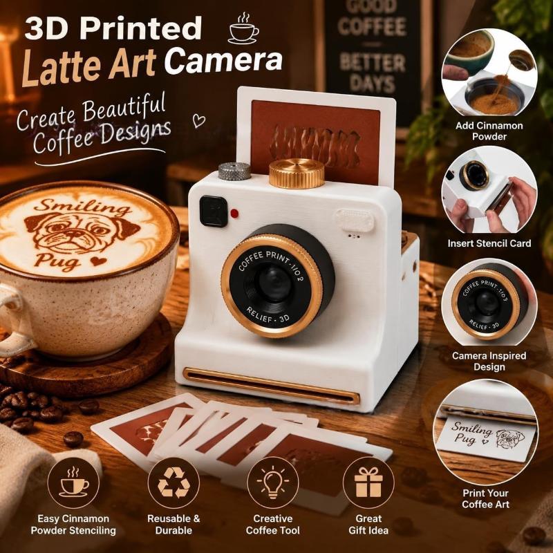 Zábavná 3D tištěná Latte kamera Vyměnitelné karty Stisk jedním dotykem DIY nástroj pro latte art Kamera Vintage vzhled Včetně šablon