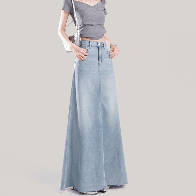 Design Sense Frayed Hem Korean Style High Waist Denim Maxi Skirt for Women