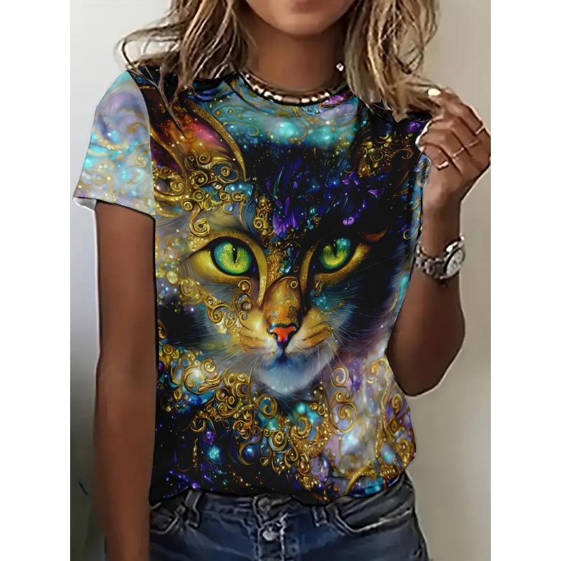 Summer Women's Clothing Clear 3D Printed Floral Pattern Round Neck Short Sleeved T-Shirts Women’s
