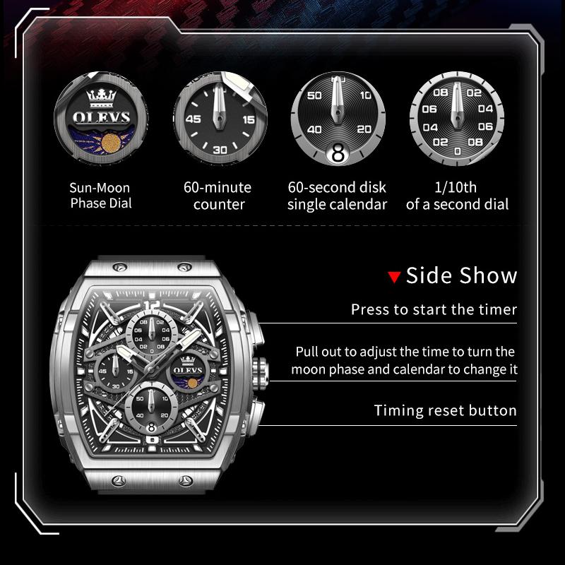 OLEVS Watch Men Chronograph Quartz Wristwatch Big Dial Moon Phase Hand Clock Date Waterproof Original Fashion Men's Watches