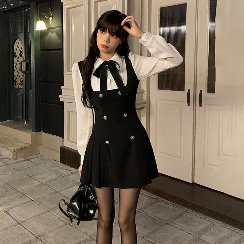 Soft Girl Kawaii Minikleid Fake Zweiteiler Kleid Damen Preppy Stil Schleifenknöpfe Langarm A-Linie Minikleid