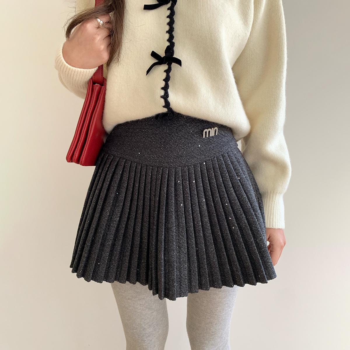 Sequined High-Waisted Woolen A-line Pleated Skirt – Women s Winter Edition Extra Large