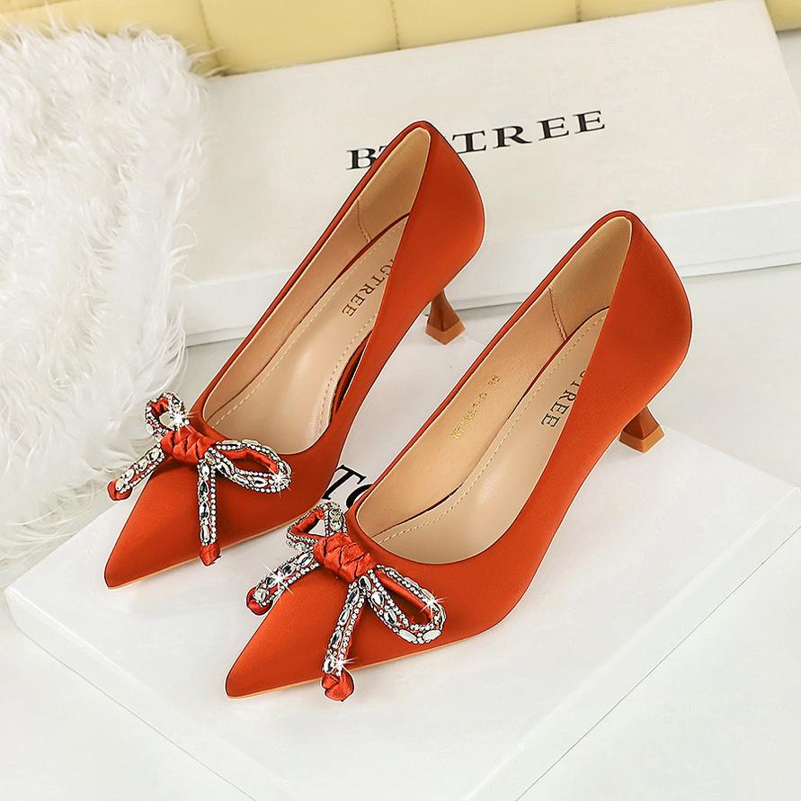 Water Diamond Bow Pointed, Thin Heel, Silk Heel, Single Shoe, Wine Glass Heel, Women's Single Shoe