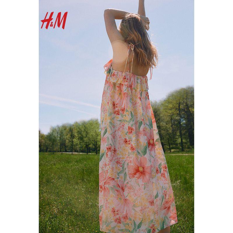 HM Women's Clothing Dress Fall V-neck Loose Print Sling Vacation Style Pleated Midi Dress Dress 1234153