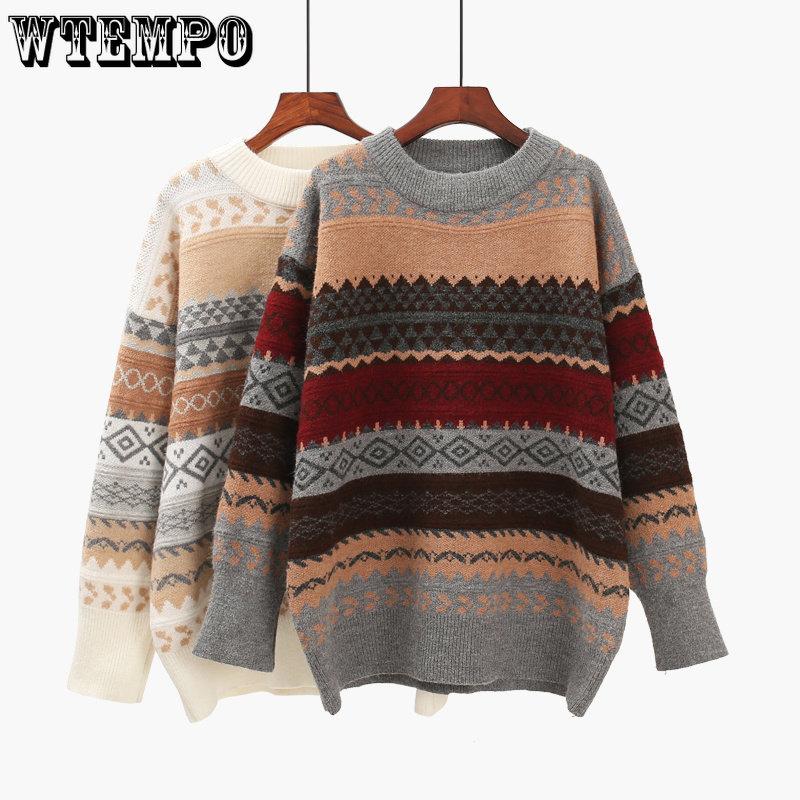 Dame Vår Høst Hverdagsgensere Stor Størrelse Rund Hals Strikkede Pullover Løse Stripete Pull Jumper Hverdagstopper