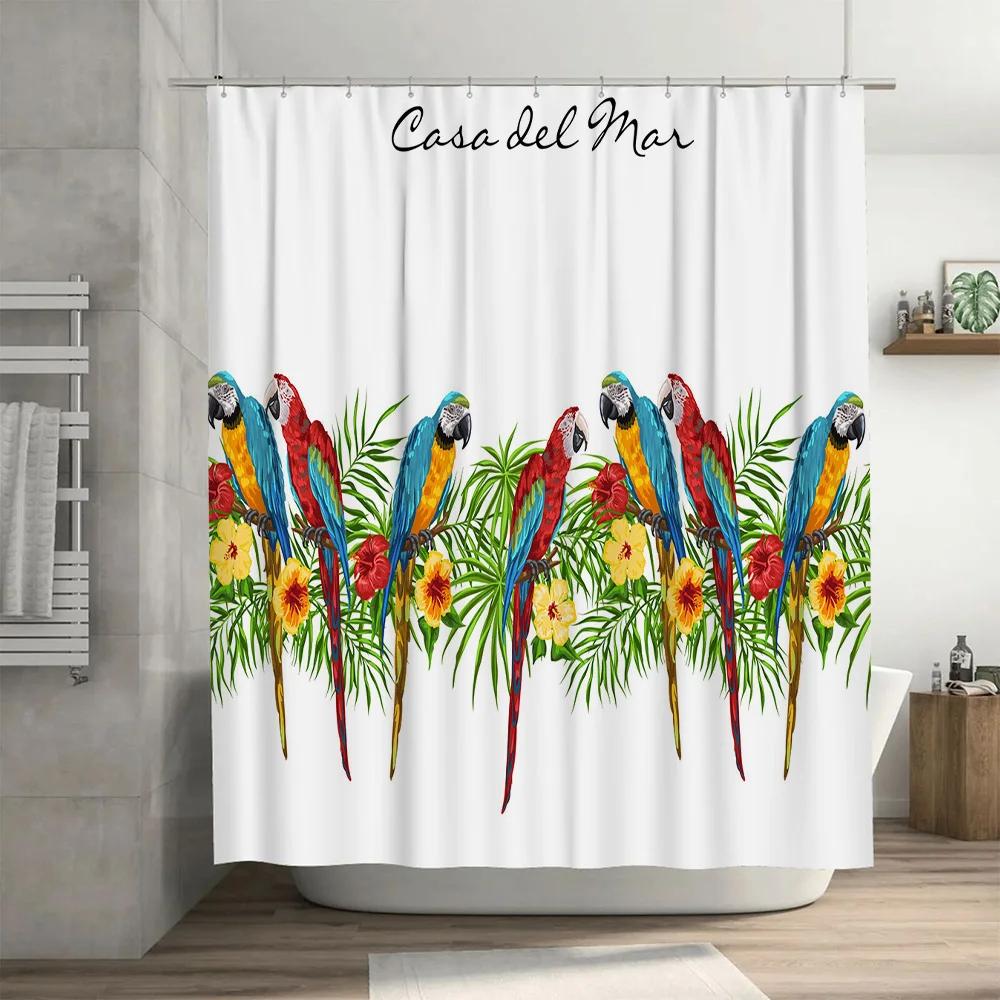 Tropical Parrots Shower Curtain – Colorful Casa del Mar Bathroom Decor | Waterproof Floral Design for Home
