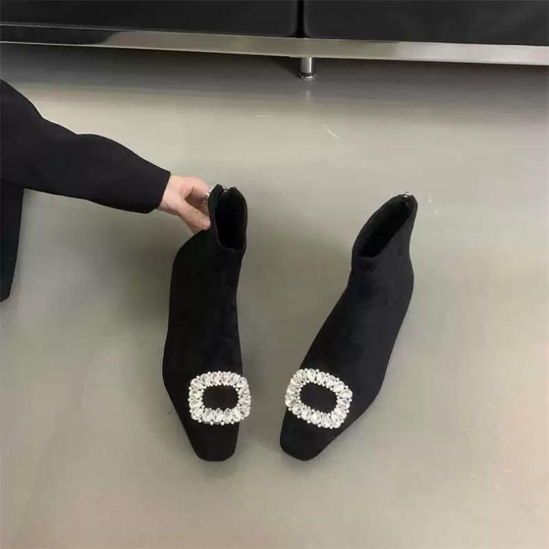 Fashion Rhinestone Square Buckle Suede Women's 2025 Autumn and Winter New Inner Heightening and Slimming Fashion Boots Skinny Boots