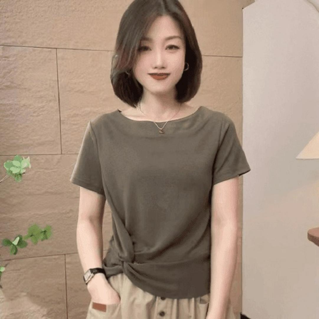 

Summer Women s Blouse, Short-sleeved Folds, Solid Color Round Neck, All-match Fashion, Women s Age-reducing All-match T-shirt, Women s Trend 2XL кавовий