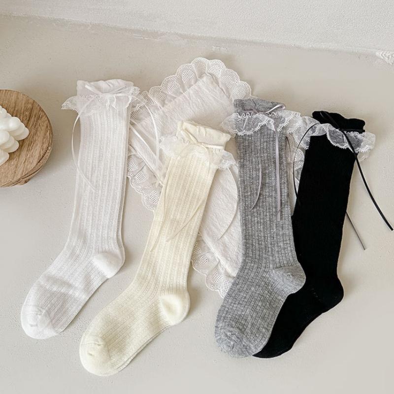 Children Sweet Bow Lace Socks Summer Thin Breathable Mesh Mid-calf Socks For Girls Fashion Ballet Style Solid Kids Calf Socks
