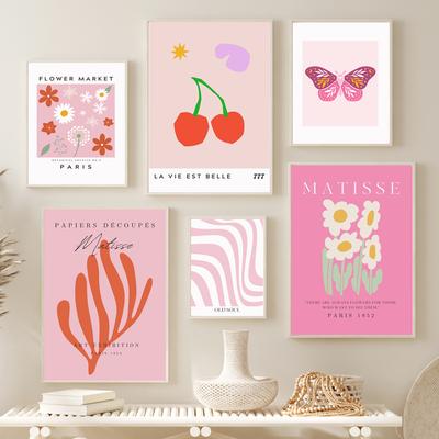 Danish Pastel Flower Market Cherry Butterfly Line Wall Art Canvas Painting Posters And Print Wall Pictures For Living Room Decor