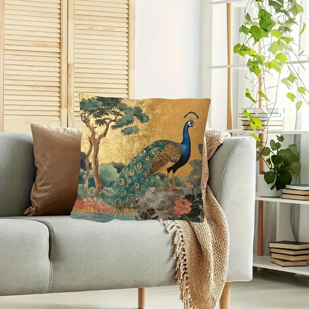 Funda de Cojín Decorativa 2D Plana - Pavo Real con Lámina de Oro Vintage Estilo Asiático Funda de Cojín Vida Silvestre del Jardín