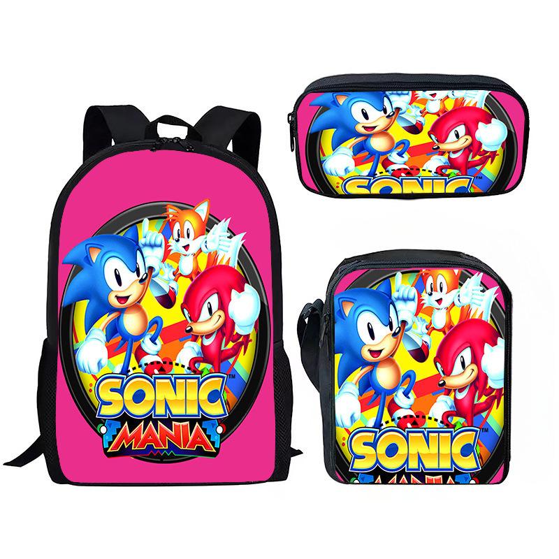 Sonic Backpack Set for Kids 3-Piece Anime Cartoon School Bag Boys Girls Lightweight Anti-Theft Bookbag with Pencil Case & Lunch Bag