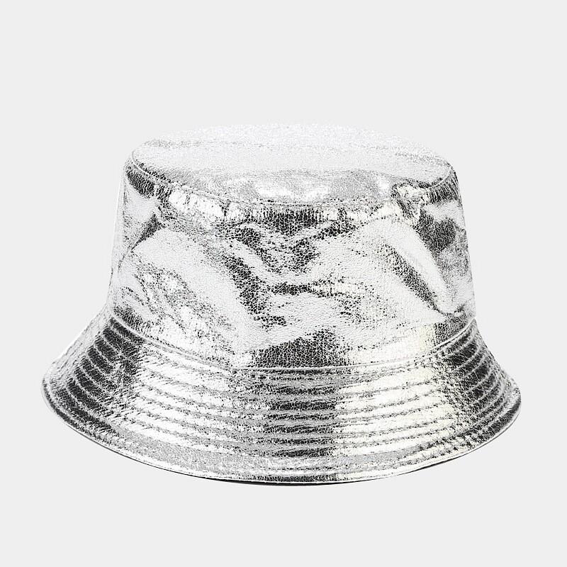 Women Girl Laser PU Faux Leather Bucket Hat Cap Shiny Sunhat Foldable Casual