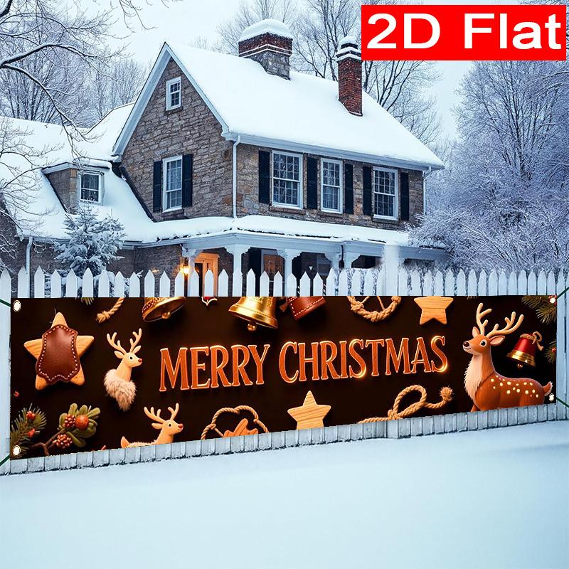 Merry Christmas Fence Banner, Deer & Jingle Bells Indoor Outdoor Design, Polyester Outdoor Yard Fence Lawn Garage Porch Balcony Decoration