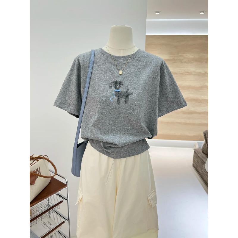 T-shirt a maniche corte da donna con stampa di cane a cartoni animati grigio, nuova per l'estate, stile coreano, ampia, versatile, top in puro cotone