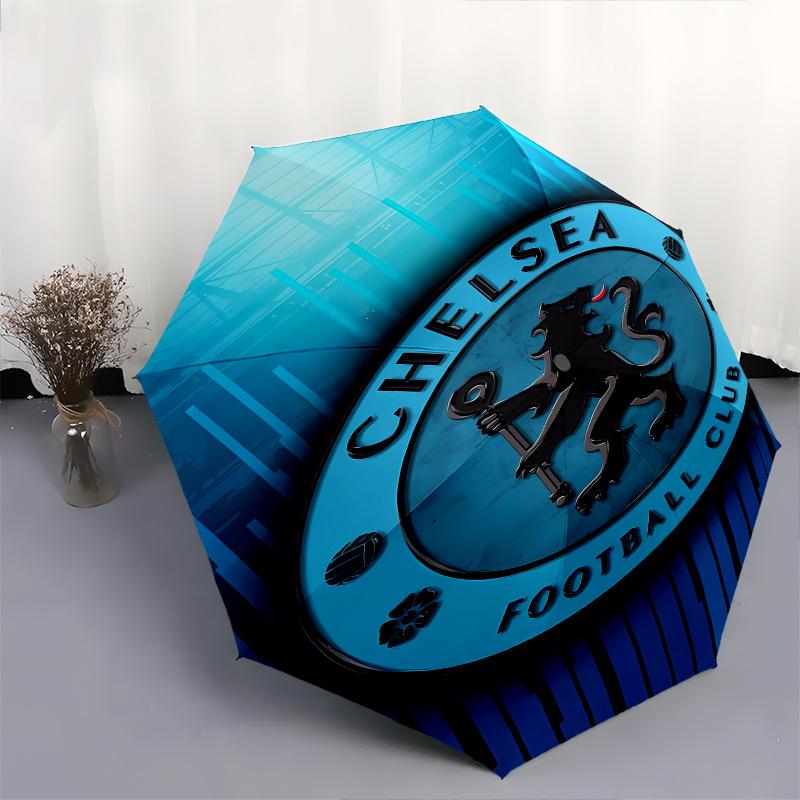 Chelsea Football Club Crest Automatic Folding Umbrella 8 Ribs, Durable Iron Frame, Bright Color Pattern Compact Travel Umbrella, Suitable f