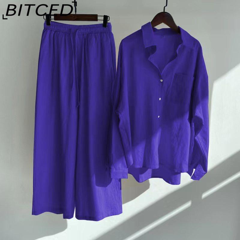 BITCED Women's 2-piece Vintage Plus-size Cotton and Linen Shirt Set High-waisted Loose Trousers