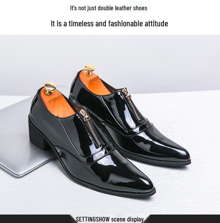 Men's Cross-Border Shiny Leather Dress Shoes - Pointed, Chunky Heel, Height Increasing, Zippered for Spring & Autumn