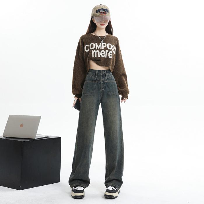 Thickened Jeans Women's Autumn High Waist Wide Leg Pants Women's Autumn and Winter Floor Pants Comfortable Loose Straight Pants