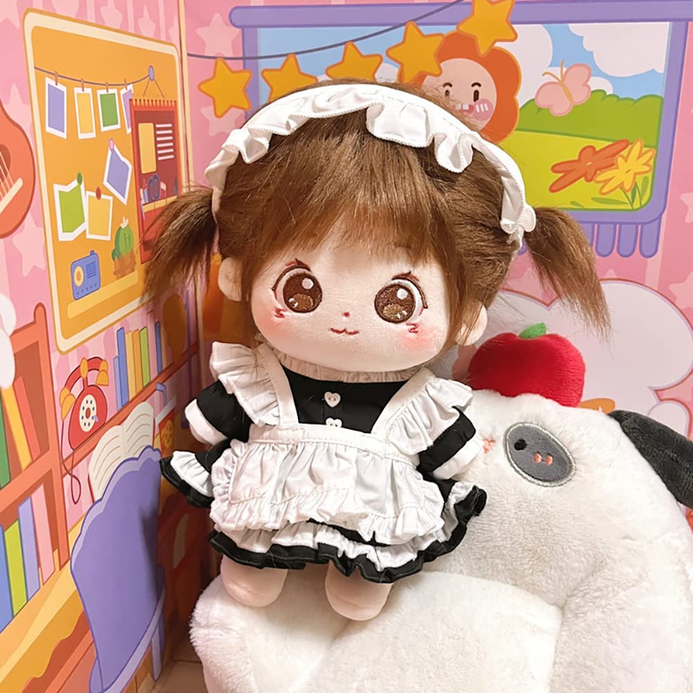 niannyyhouse 20cm Plush Clothes Black & White Maid Outfit Set with Headwear, Apron, and Dress, Cotton Doll, Interchangeable