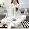 Autumn Spring Blue Jungle Print Elegant Woman Pajamas Set Fashion Kimono Cardigan Sleepwear Faux Cotton Long Sleeves Pijamas