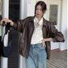 Veste de moto rétro américaine en cuir marron pour femme, style coréen d'automne, coupe droite noire