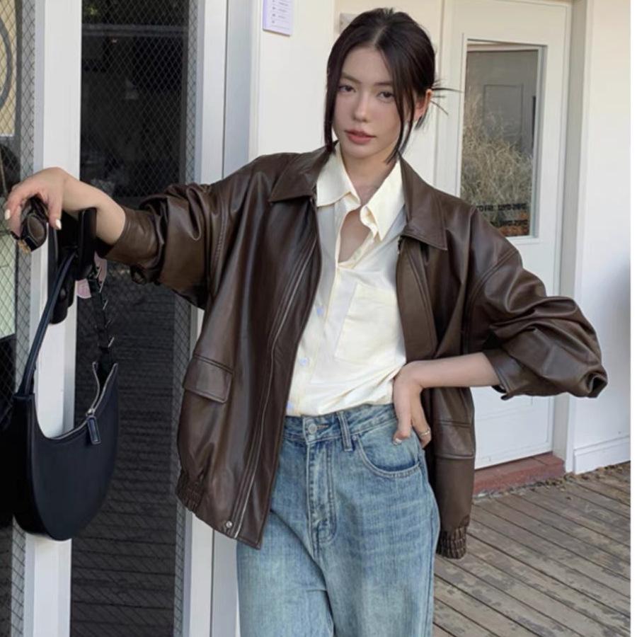 Veste de moto rétro américaine en cuir marron pour femme, style coréen d'automne, coupe droite noire