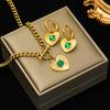 Stainless Steel Heart Love Green Crystal Pendant Necklace Earrings for Women Party Punk Jewelry Gift