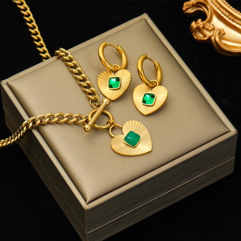 Stainless Steel Heart Love Green Crystal Pendant Necklace Earrings for Women Party Punk Jewelry Gift