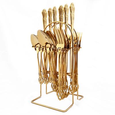 High Quality Gold 304 Stainless Steel Dinnerware Cutlery Set Western Style Dinner Knife Fork Spoon Flatware Set with Storage Rack