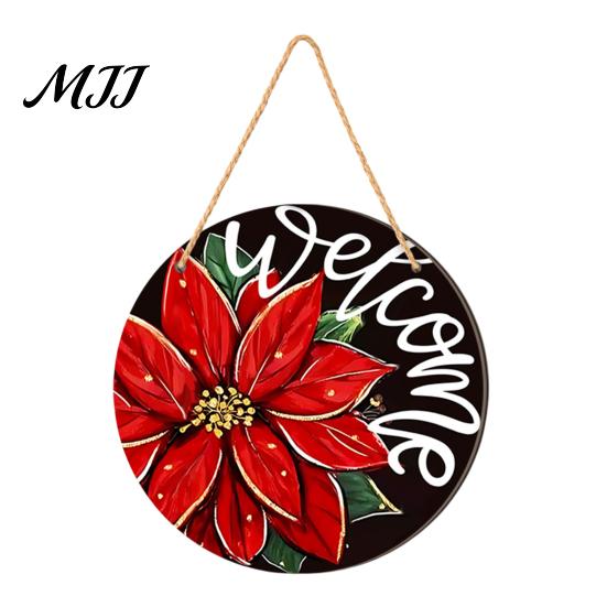 Waterproof Holiday Porch Sign Christmas Hanging Sign, Round Wooden Welcome Cute Dog Gingerbread Front Door Man for Wall Decor