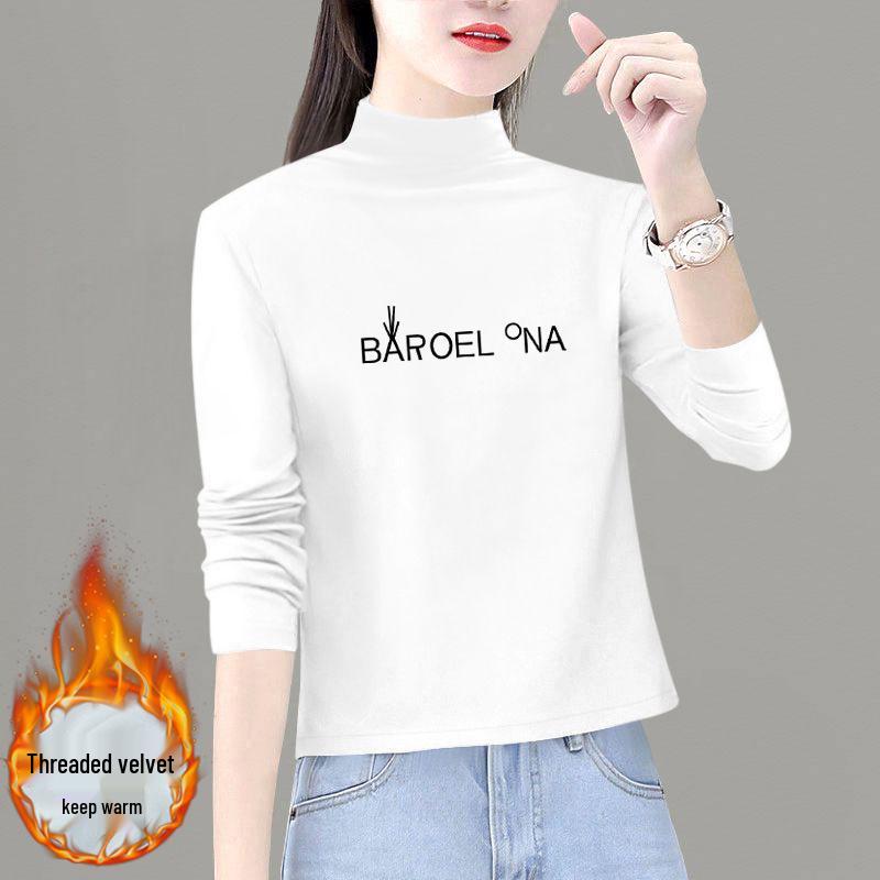 

Бархатная женская термофутболка с длинным рукавом на флисовой подкладке - Полувысокий воротник, Приталенный крой, для осени/зимы 2XL (130-140 jin)