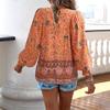2025 Bohemian Spring/Summer V-Neck Tie-Up Long Sleeve Print Top for Women
